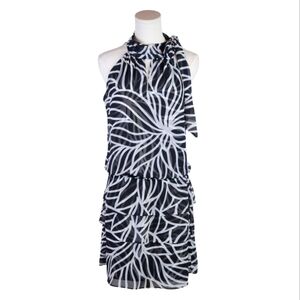 WHBM Black White Abstract Halter Dress 4 Tiered Ruffle Sleeveless Party